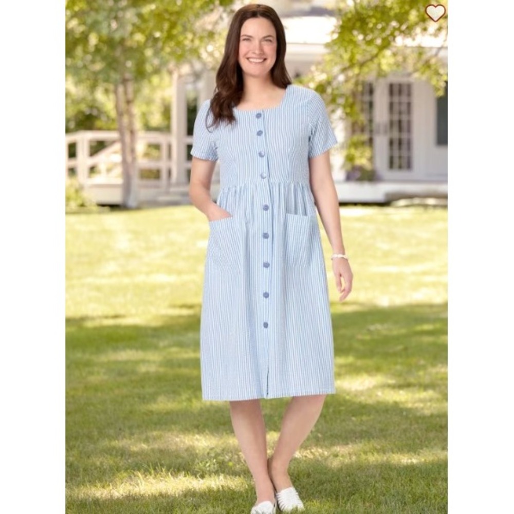 Vermont Country Store Cotton Seersucker Dress Blue White Stripe Button Front L